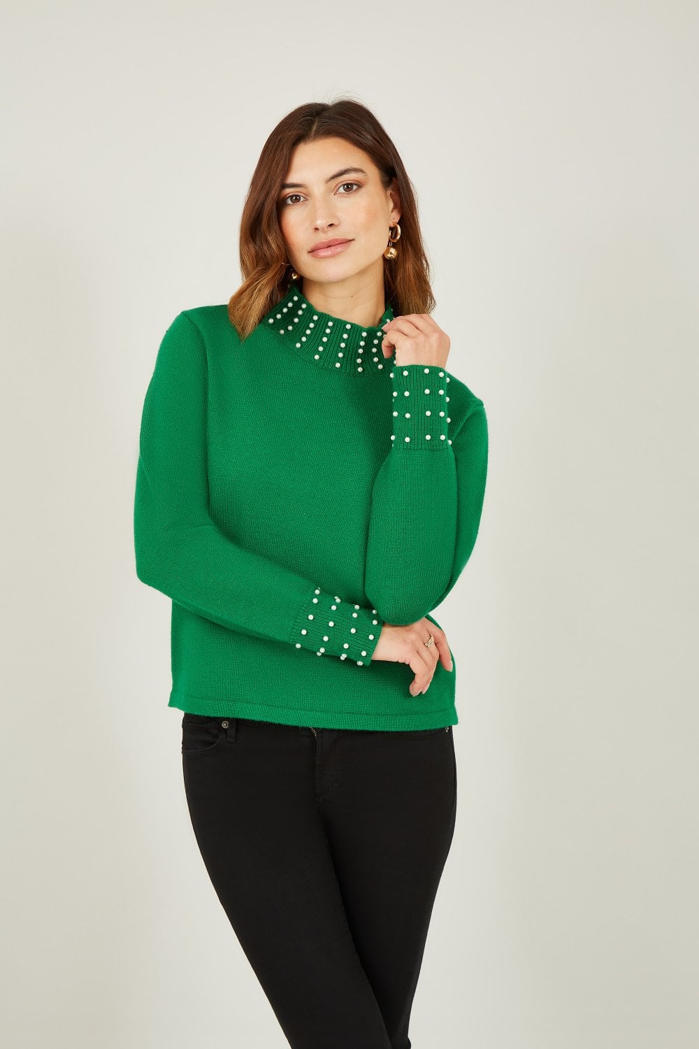 Green Pearl Knit High Neck Sweater