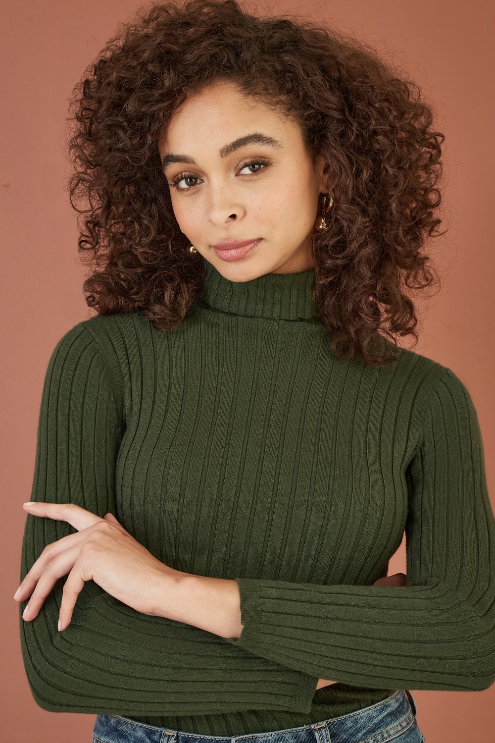 Green Ribbed Knit Roll Neck Sweater