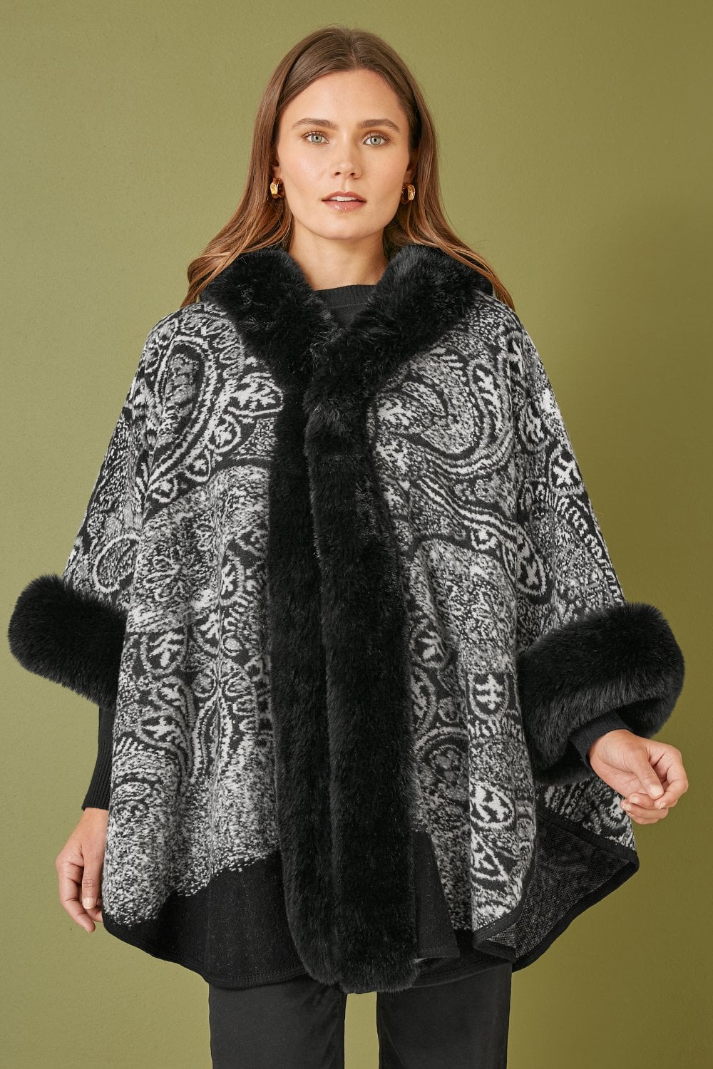 Black Paisley Print Cape with Faux Fur Trim