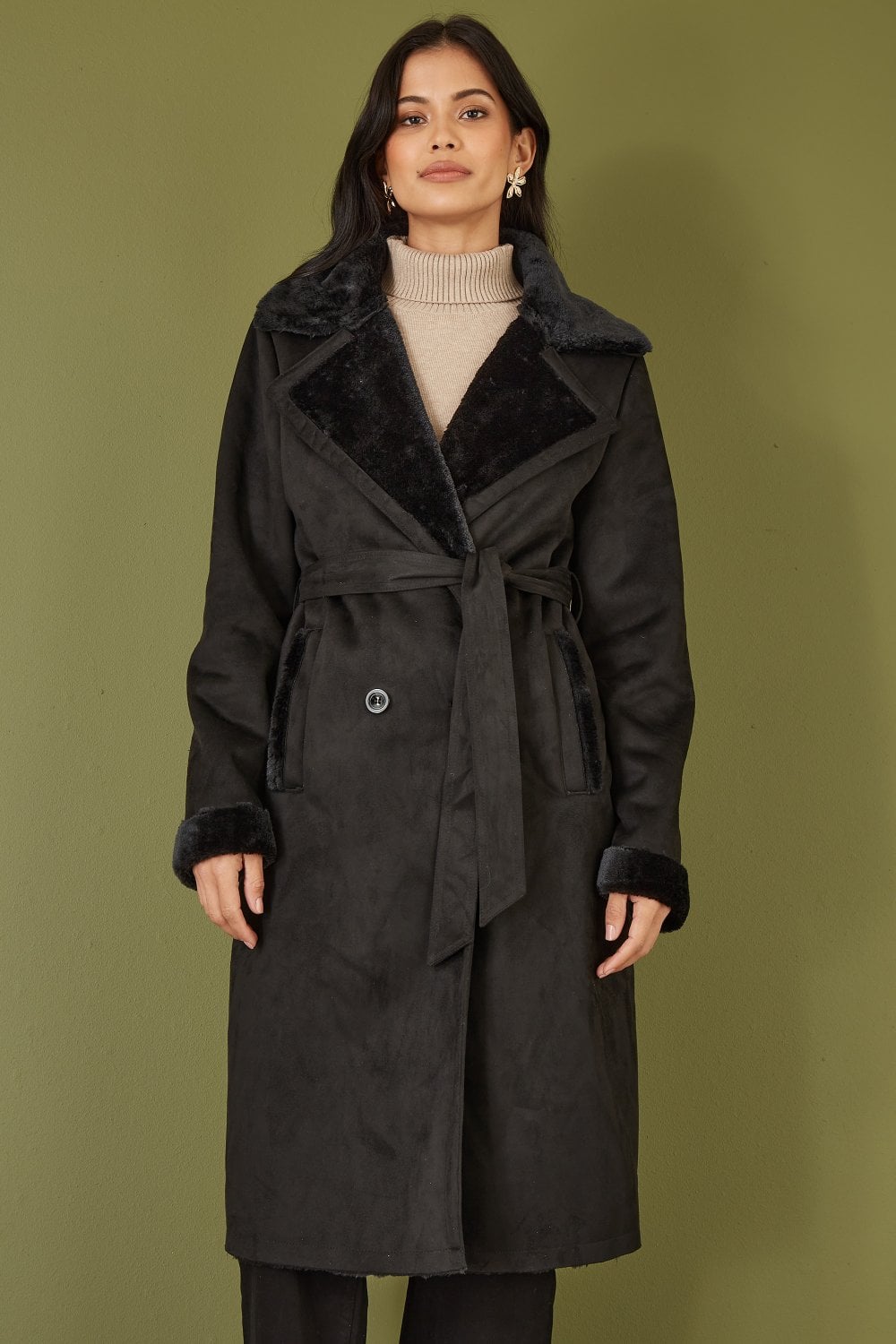 Yumi Faux Fur-Lined Black Trench Coat