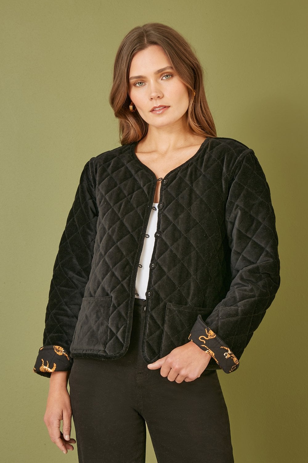 Yumi Black Velvet Quilted Jacket - Reversible Leopard Print
