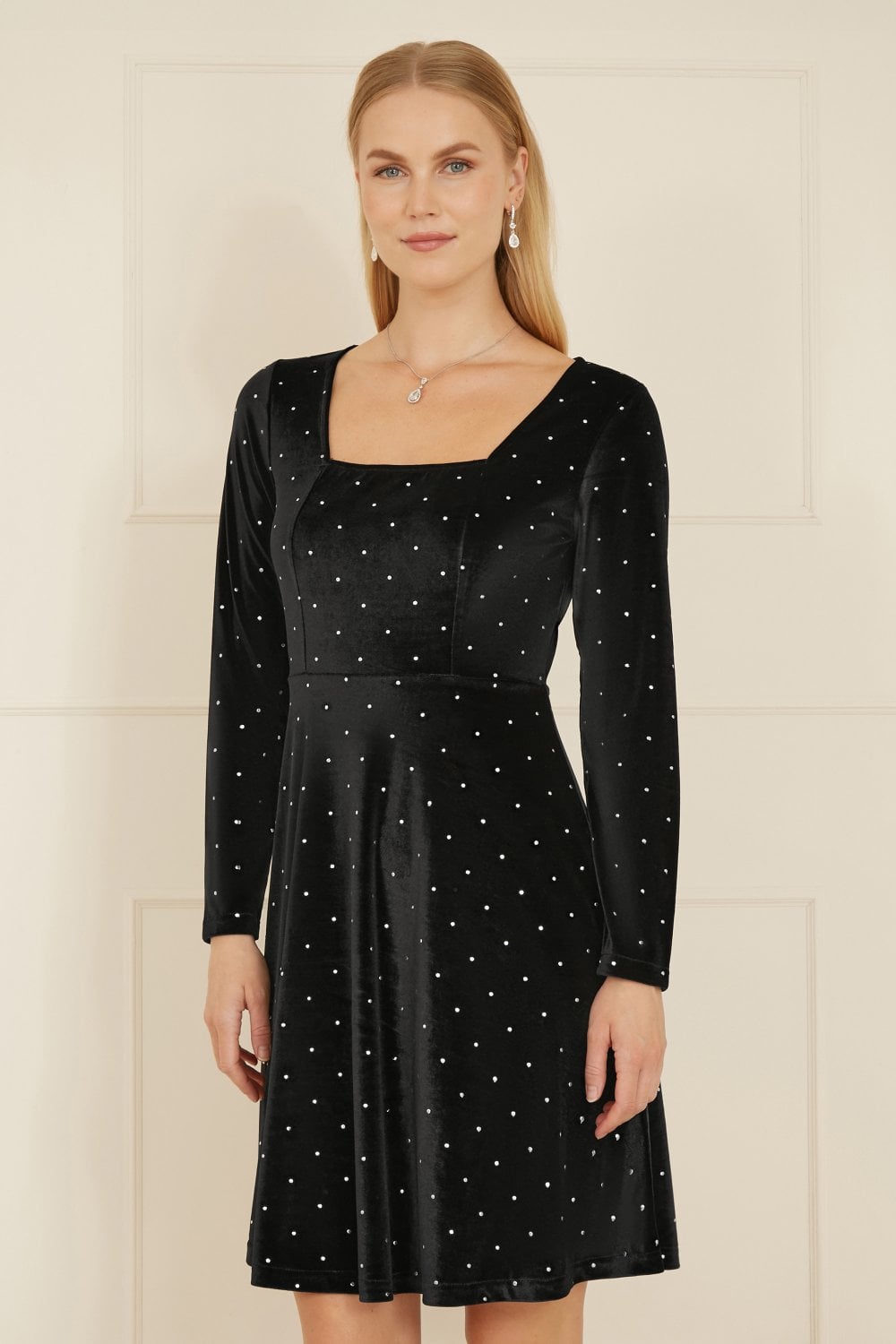Black Mela Skater Dress with Long Sleeves & Diamante Detail