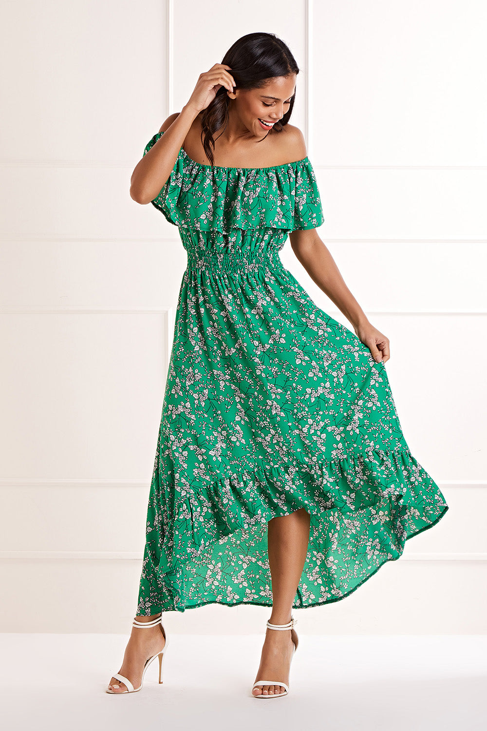 Yumi Green Asymmetrical Maxi Dress – Elegant Bardot Neckline