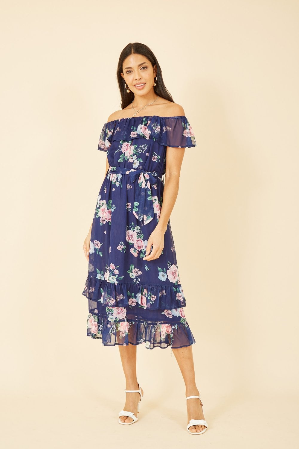 Yumi Navy Floral Bardot Dress with Frill Hem