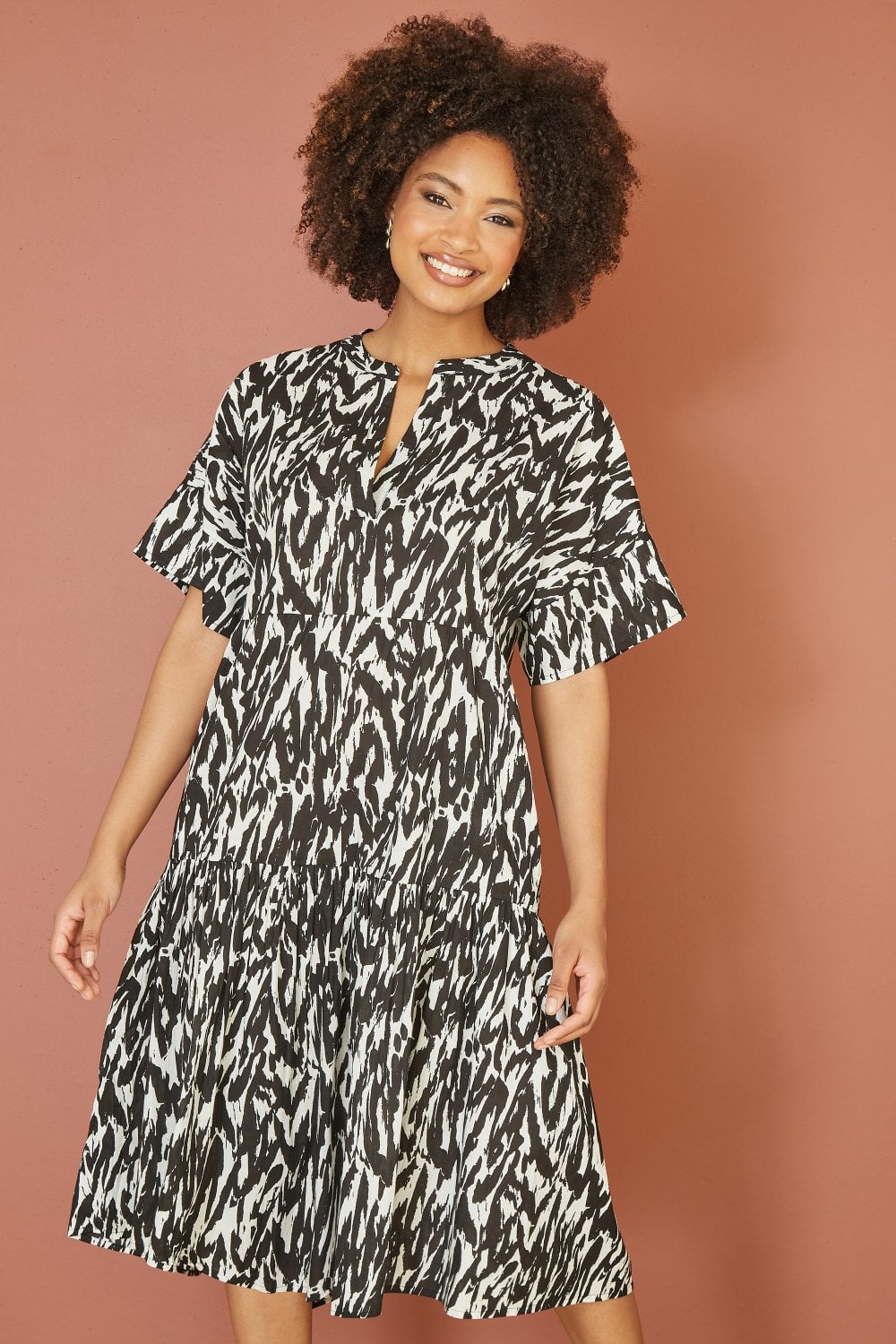 Yumi Black Organic Cotton Tiered Tunic Dress - Animal Print