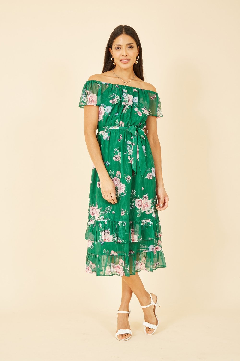 Yumi Floral Bardot Dress with Frill Hem