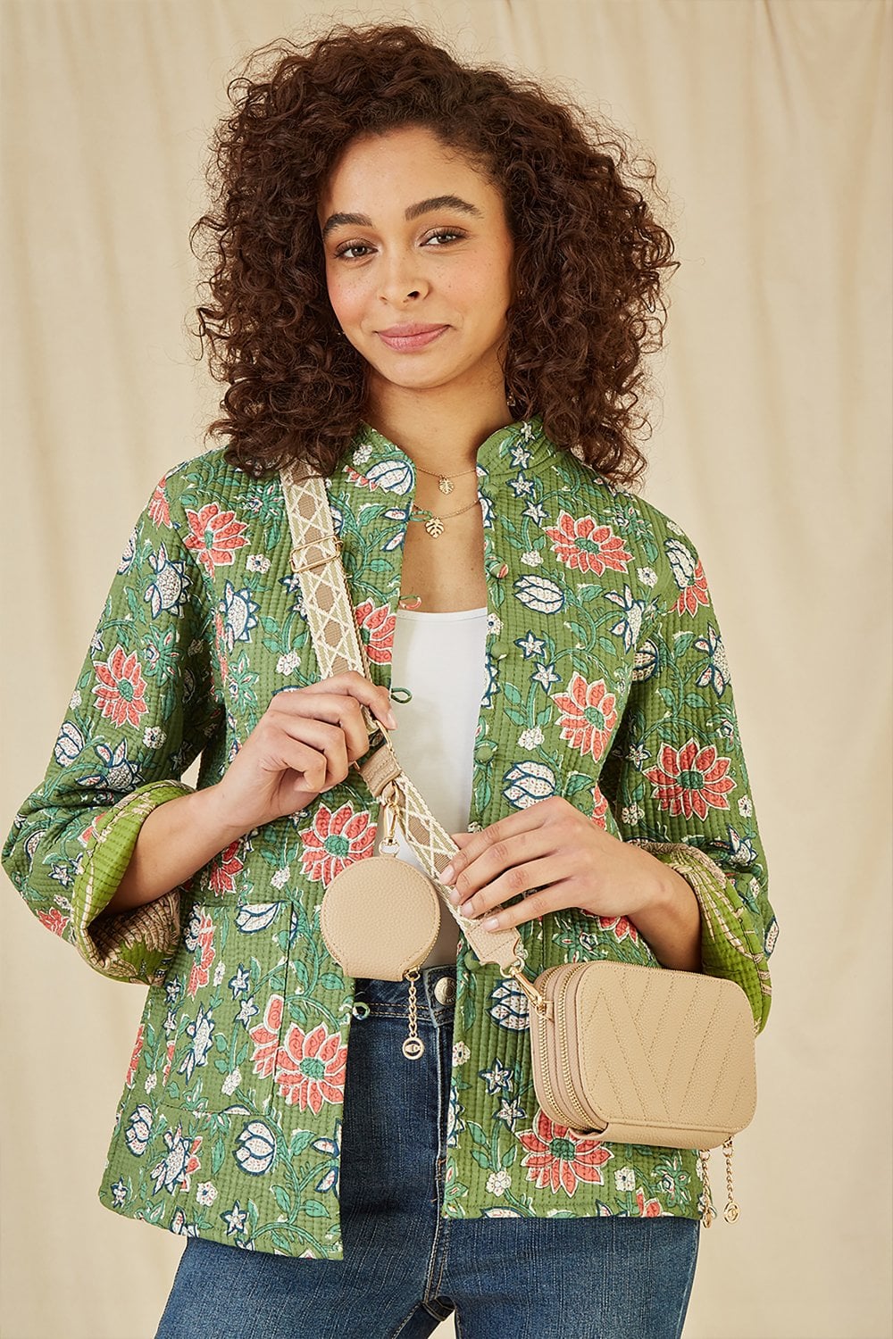 Yumi Beige Quilted Crossbody Camera Bag