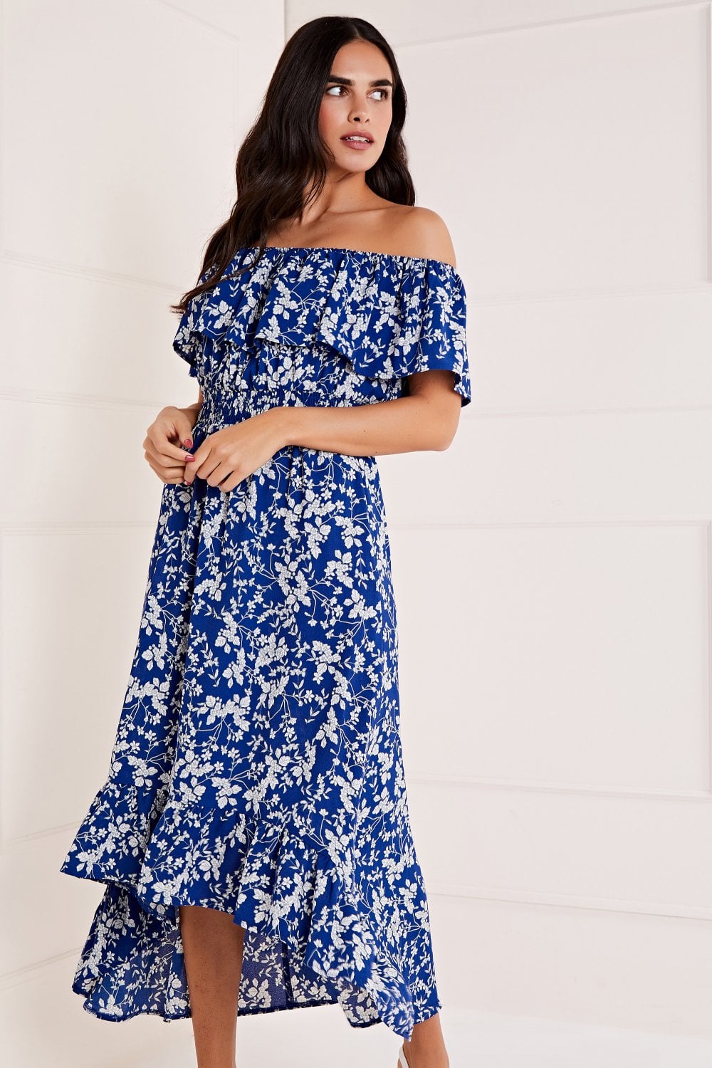 Blue Ditsy Print Bardot Dress with Dipped Hem
