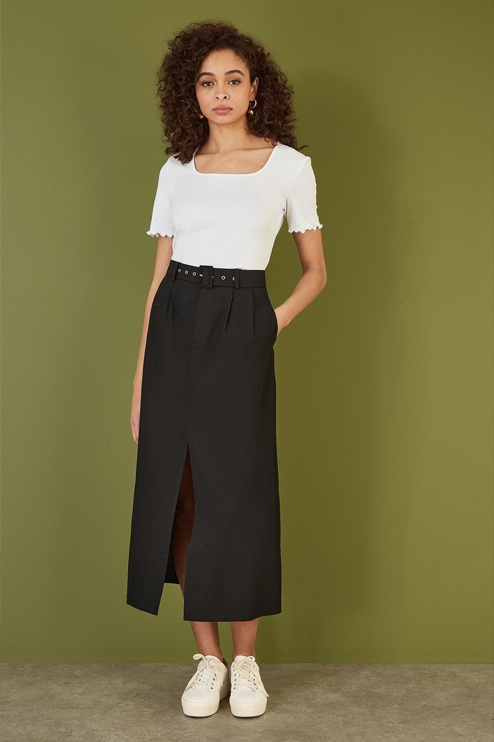 Yumi Black Midi Skirt with Belt & Side Slit