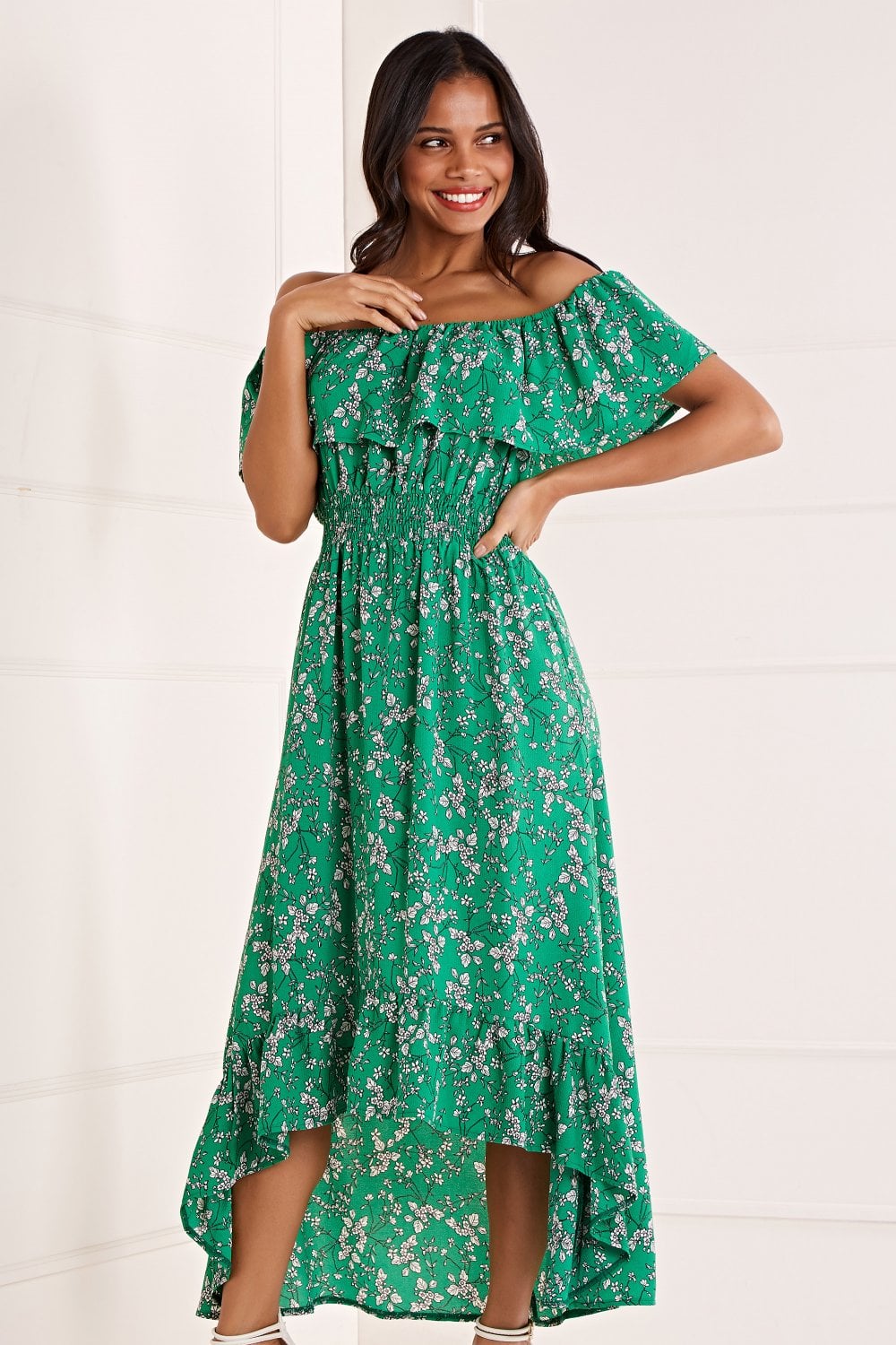 Green Ditsy Print Bardot Dress with Dipped Hem
