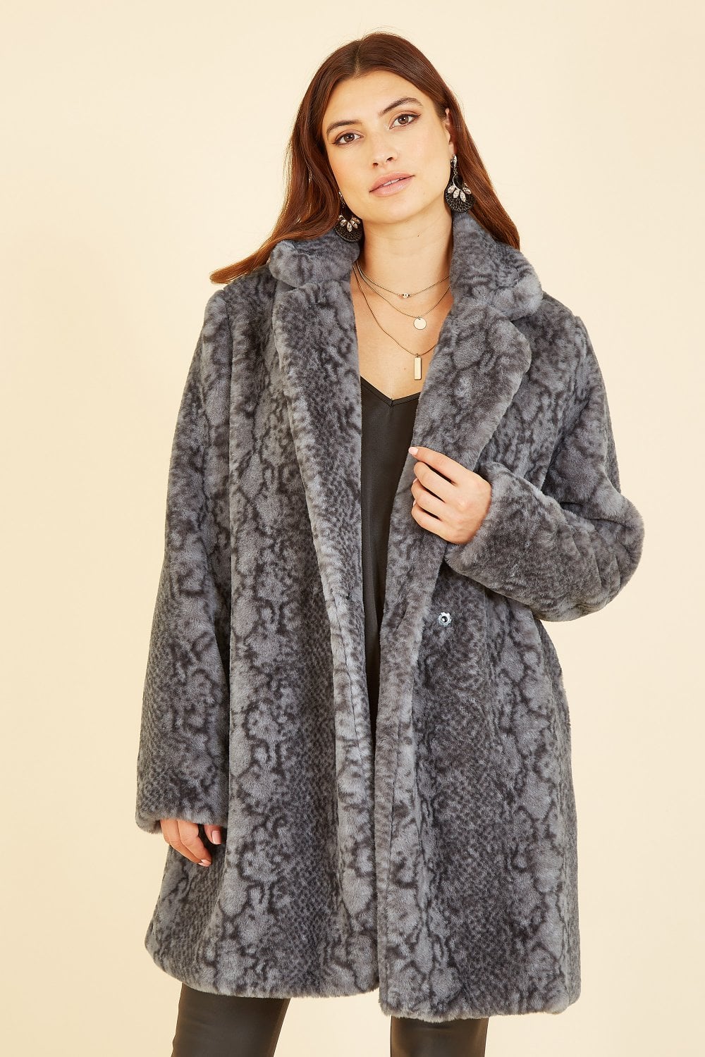 Yumi Grey Faux Fur Coat with Snakeskin Print