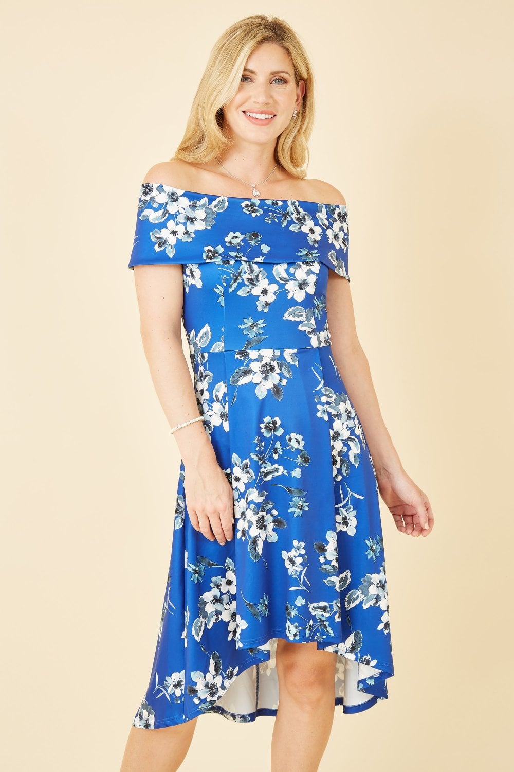 Blue Floral Bardot Dress with Dipped Hem