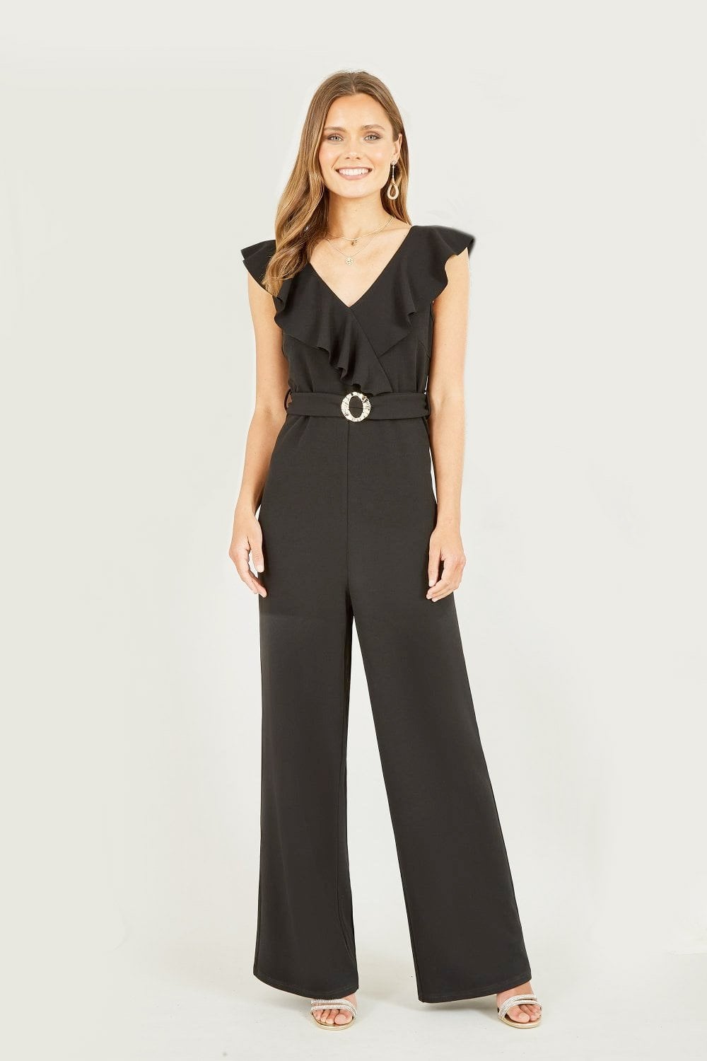 Black Mela Jumpsuit - Gold Buckle & Frill Trim