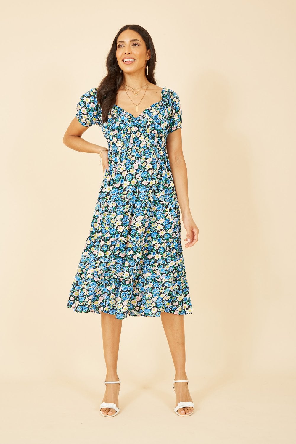 Blue Floral Bardot Midi Dress – Elegant Summer Style