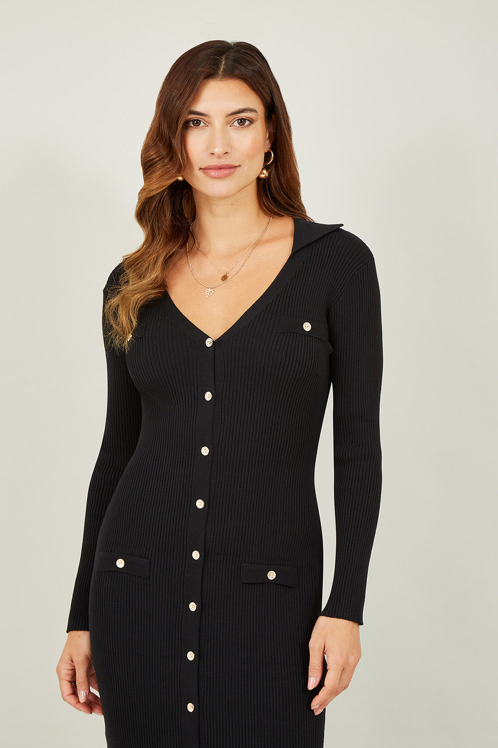 Black Knitted Button Midi Dress - Slim Fit Style