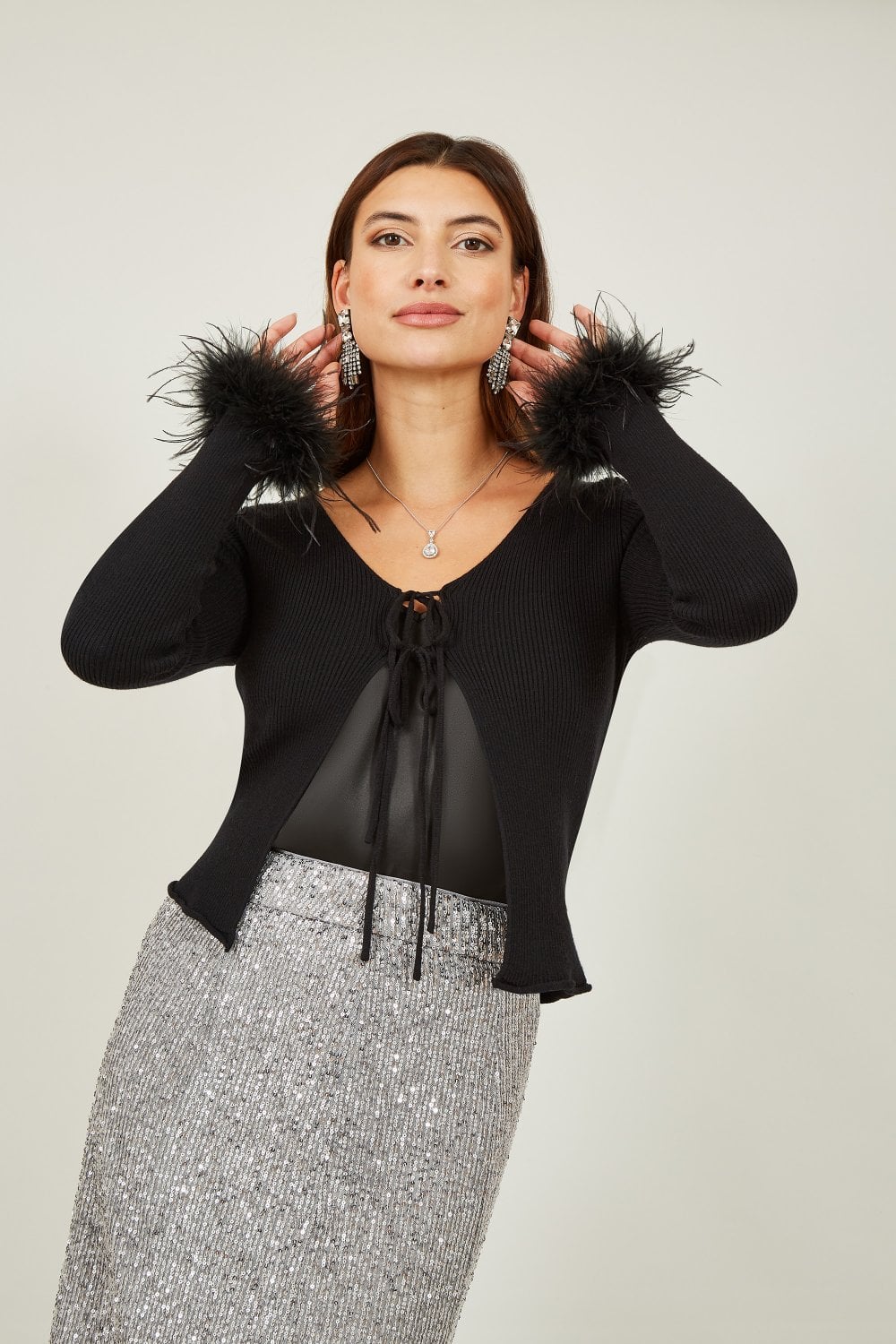 Black Ribbed Bolero with Feather Cuffs – Yumi