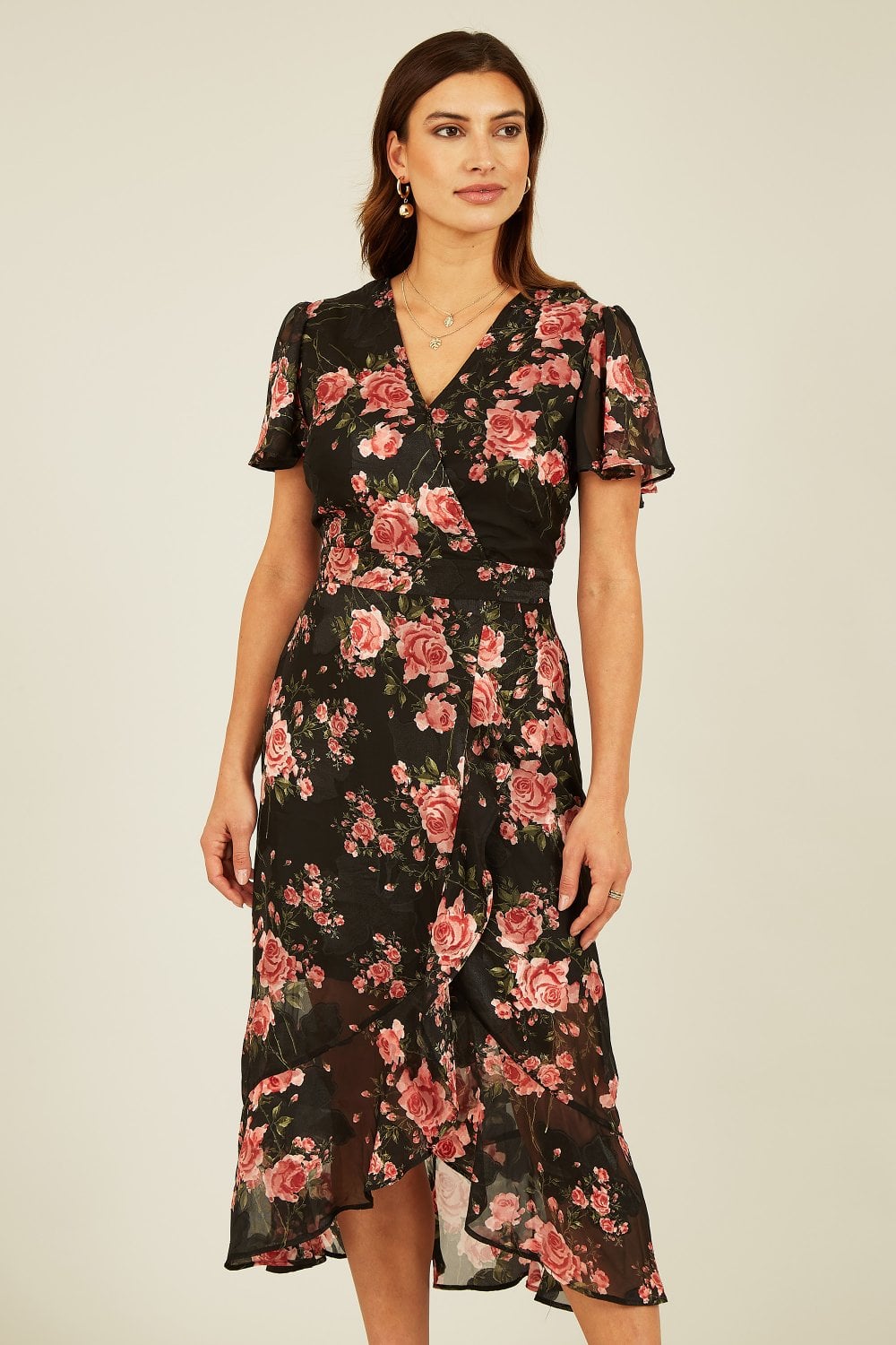 Black Rose Print Wrap Dress – Midi Length