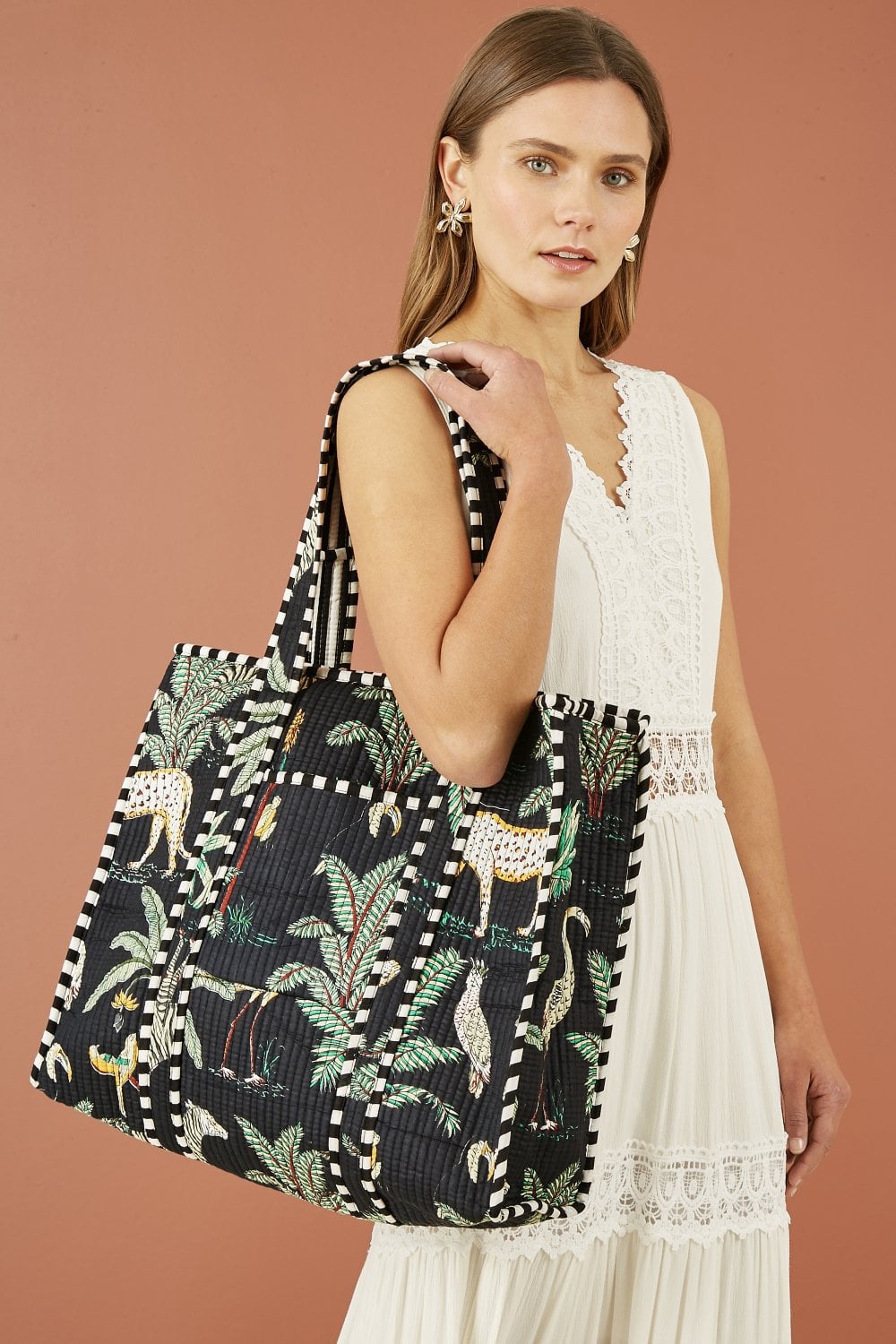 Yumi Black Quilted Cotton Tote with Animal Print