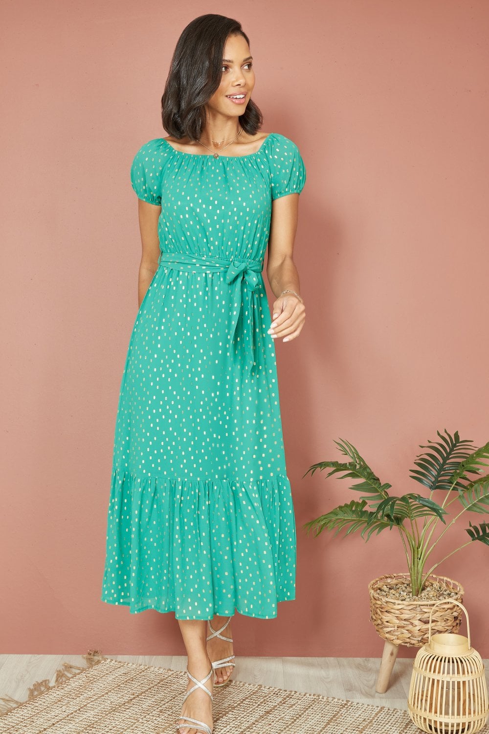 Green Foil Bardot Midi Dress - Elegant Party Wear
