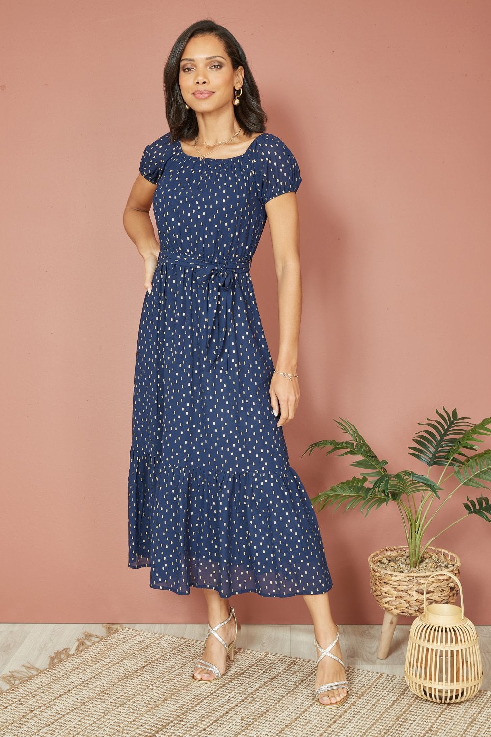 Navy Foil Print Bardot Midi Dress by Mela