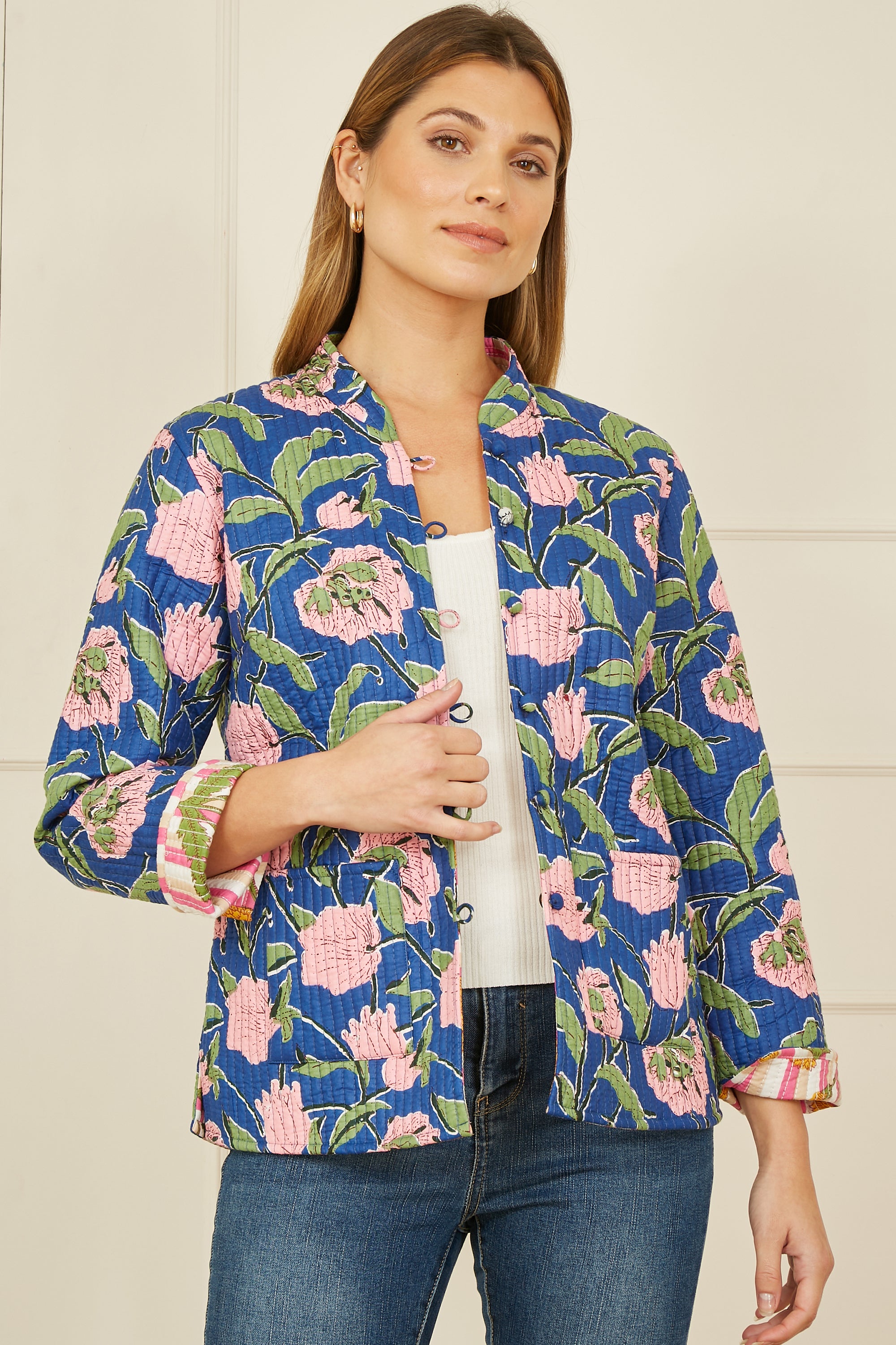Reversible Pink Floral Quilted Cotton Jacket by Yumi