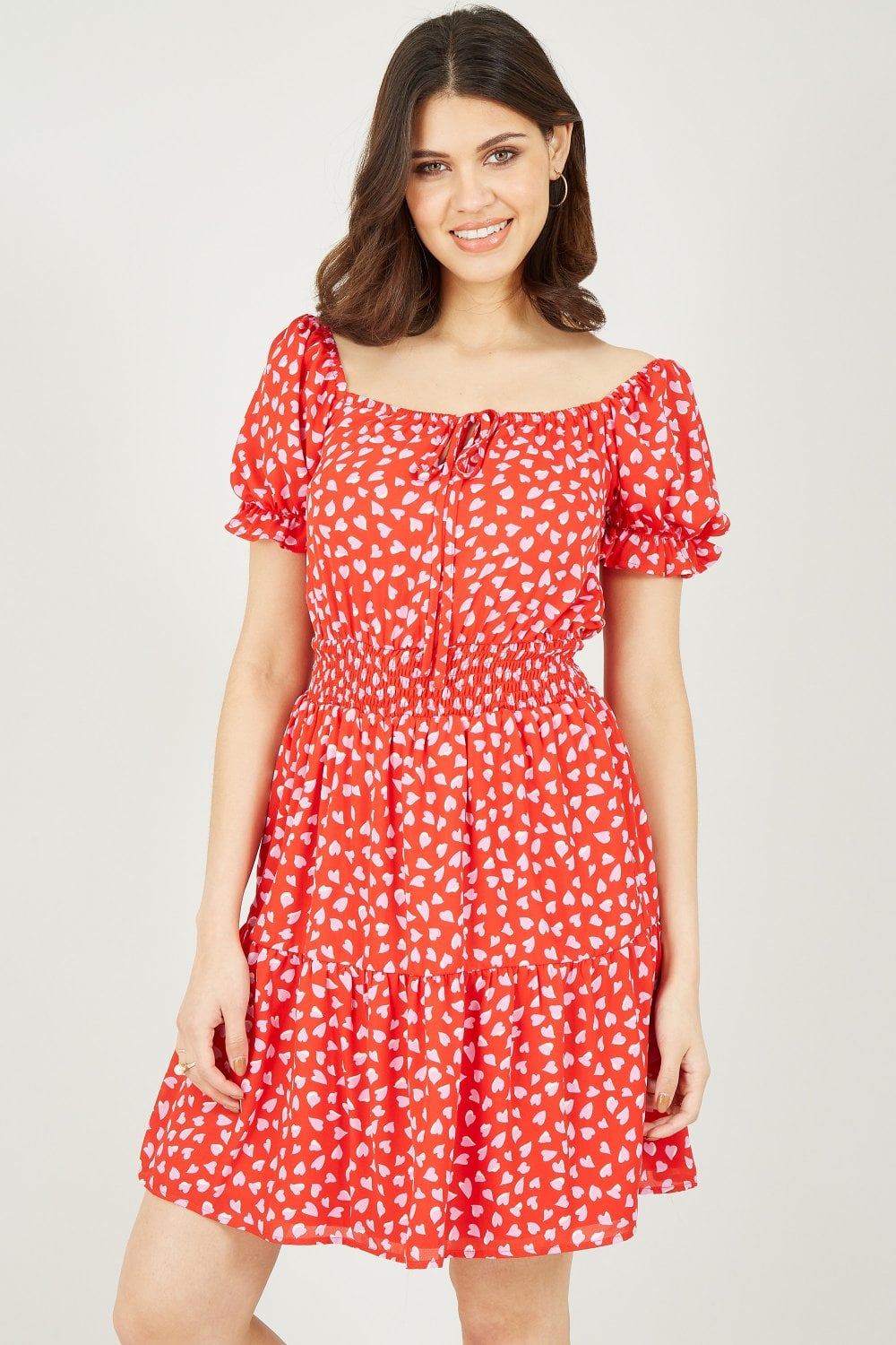 Red Heart Print Bardot Skater Dress