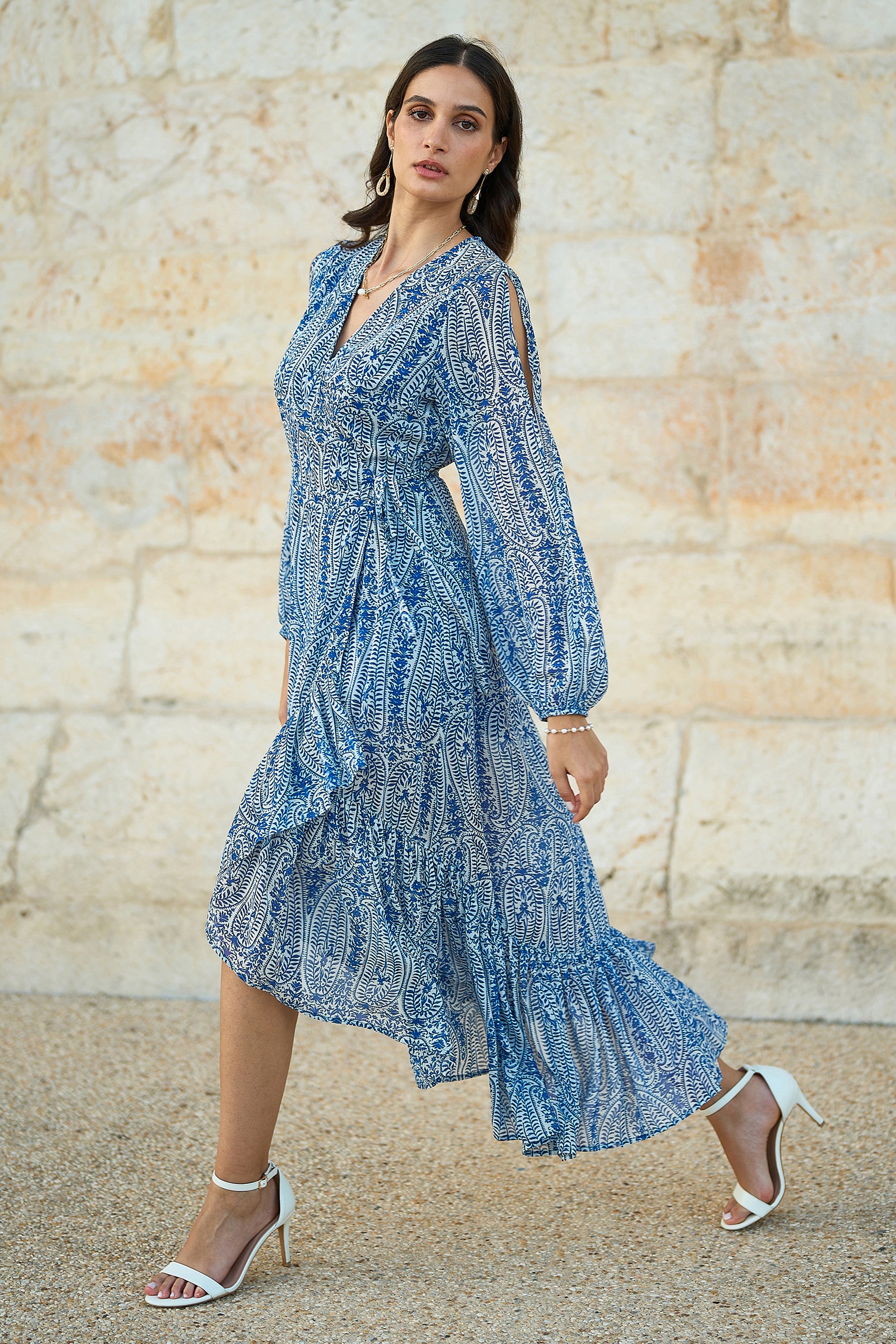 Yumi Blue Paisley Midi Dress with Dipped Hem & Long Sleeves