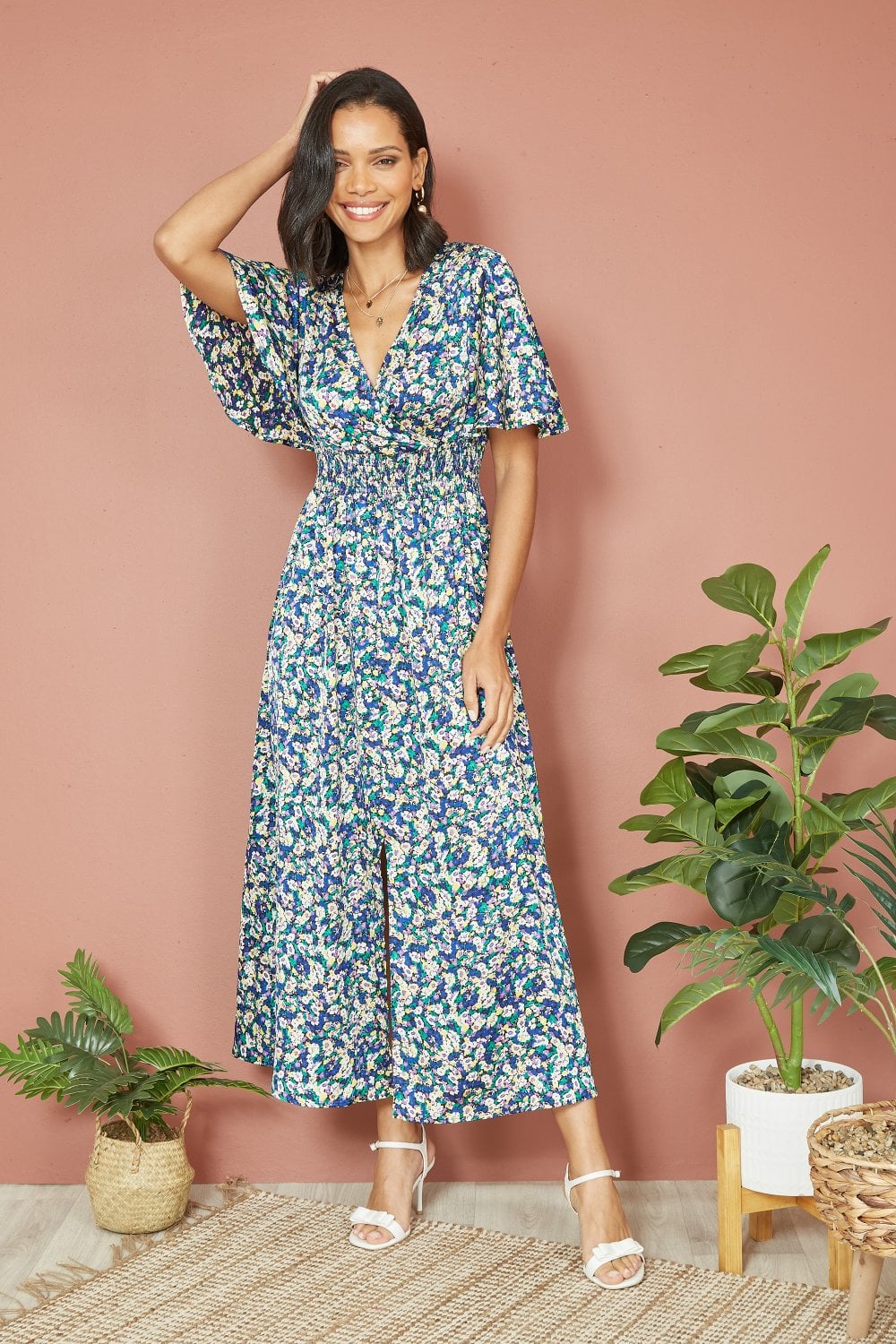 Yumi Blue Satin Wrap Maxi Dress with Ditsy Print
