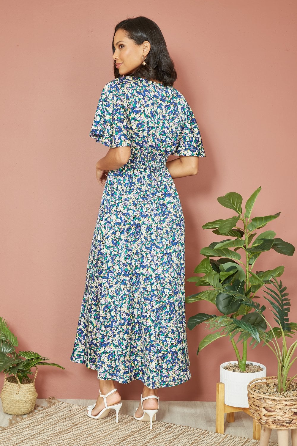 Yumi Blue Satin Wrap Maxi Dress with Ditsy Print