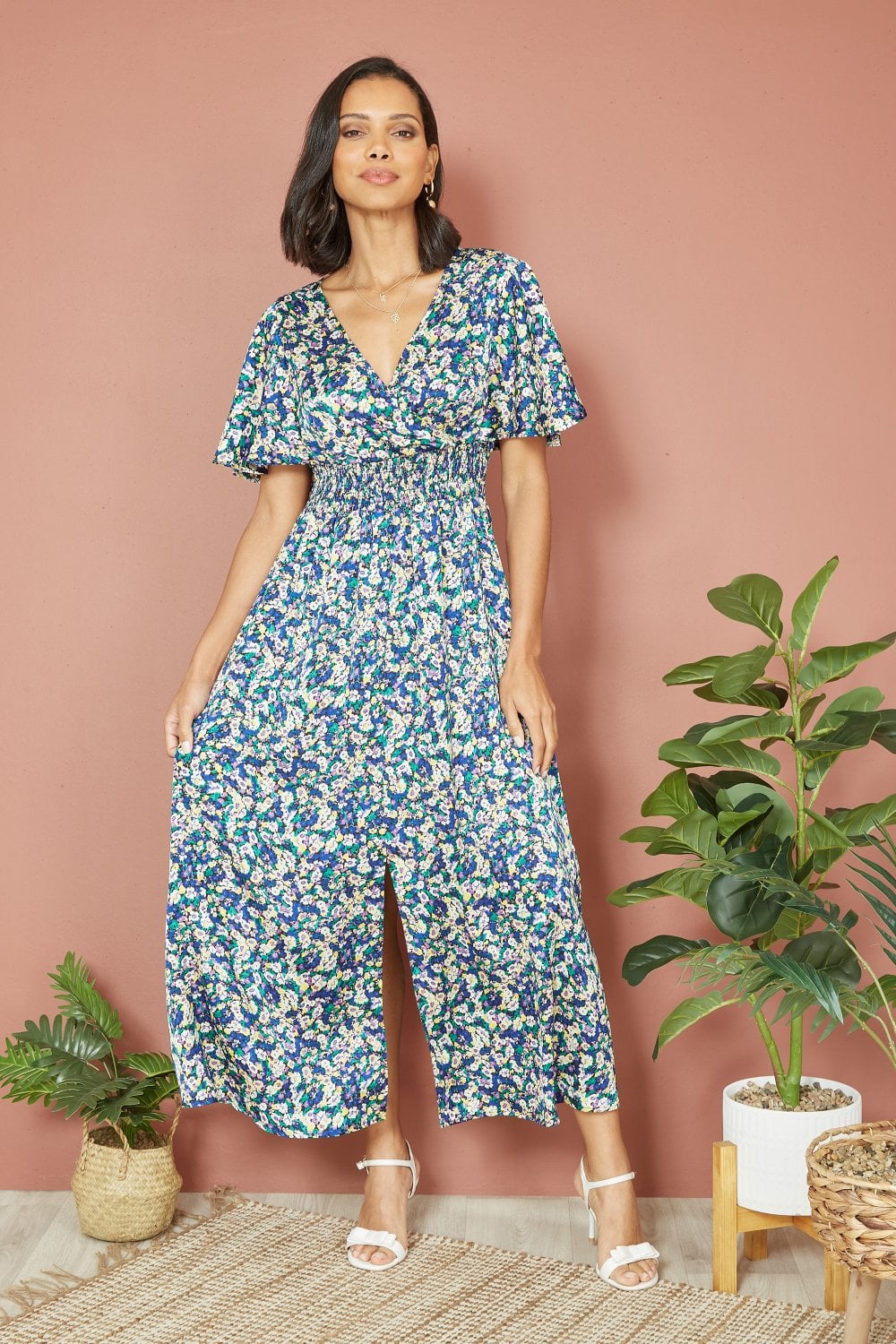 Yumi Blue Satin Wrap Maxi Dress with Ditsy Print