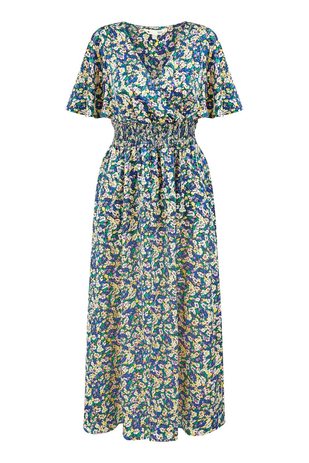 Yumi Blue Satin Wrap Maxi Dress with Ditsy Print
