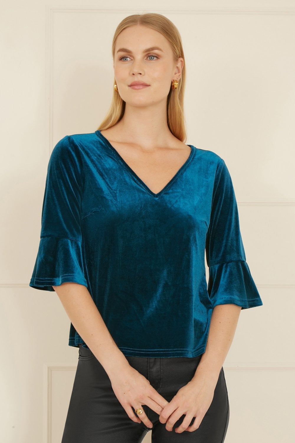Yumi Teal Velvet Top - Fluted Sleeve Relaxed Fit