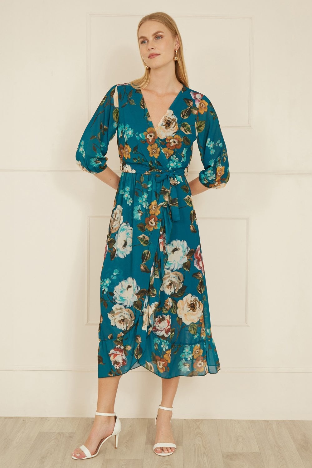 Yumi Teal Wrap Dress - Flowy Midi with Dip Hem