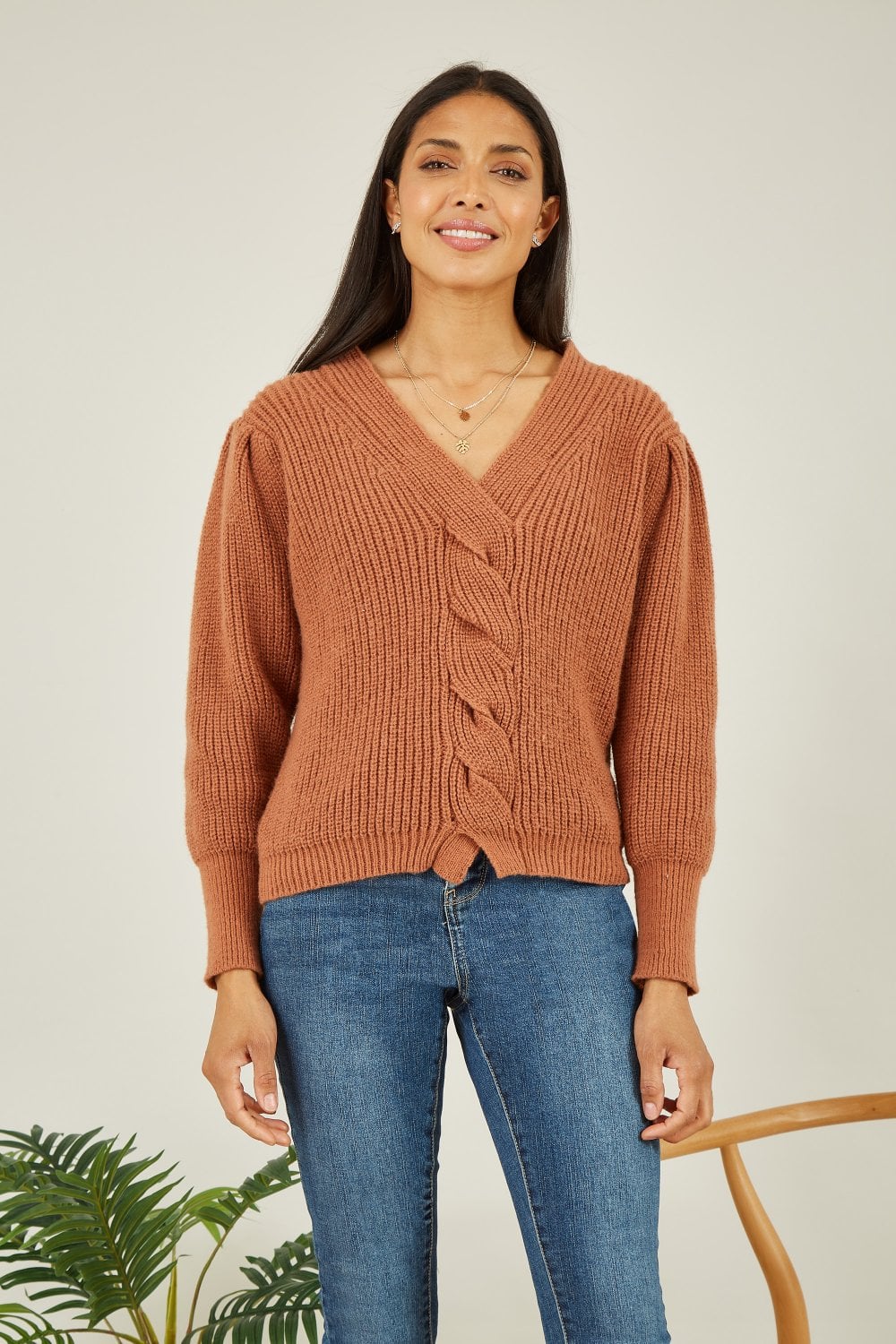 Brown Cable Knit Mela Jumper - Slash Neck Design