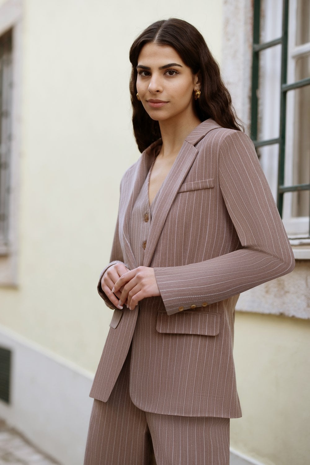Stylish Yumi Brown Pinstripe Blazer for Women
