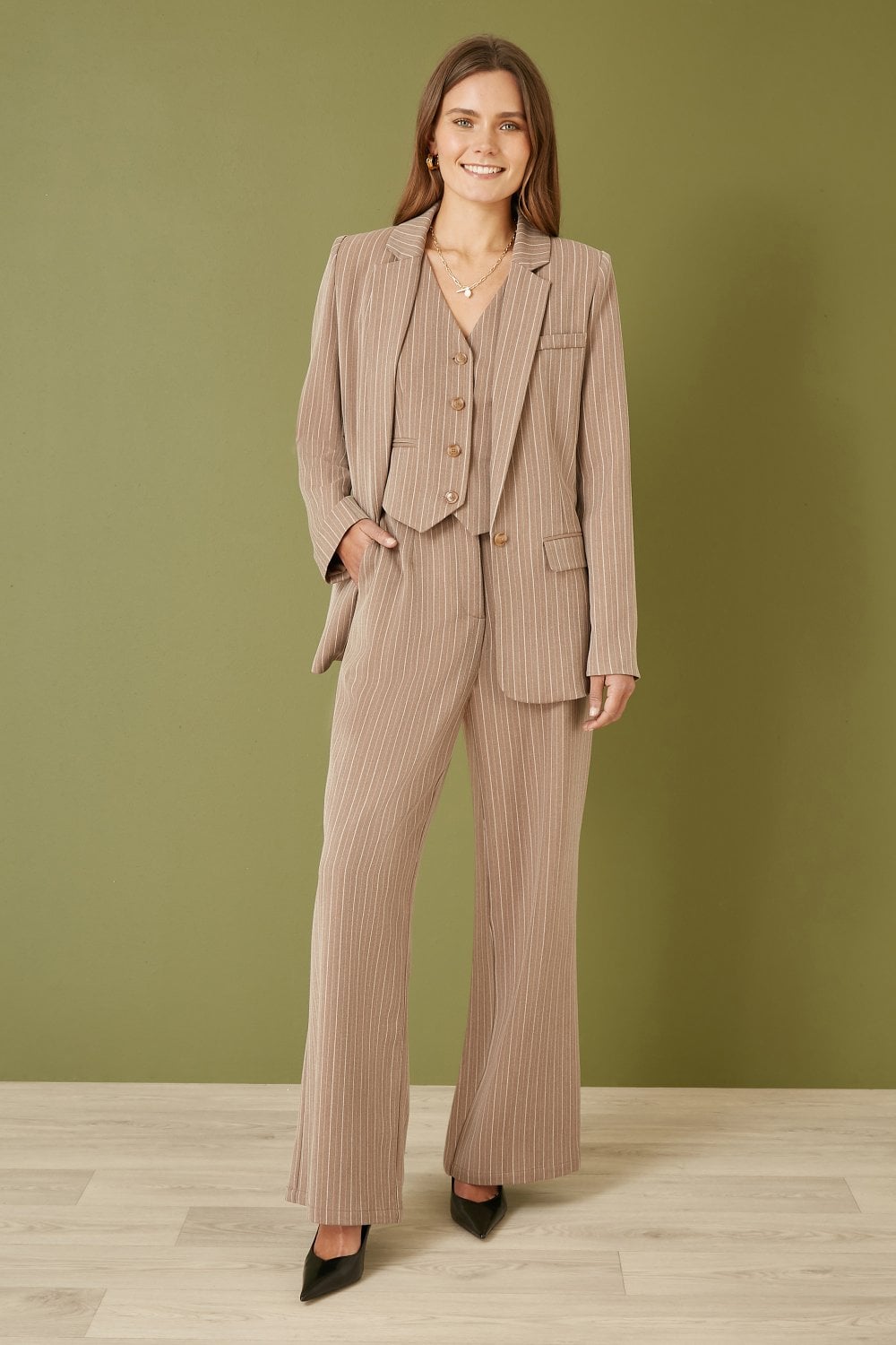 Stylish Yumi Brown Pinstripe Blazer for Women