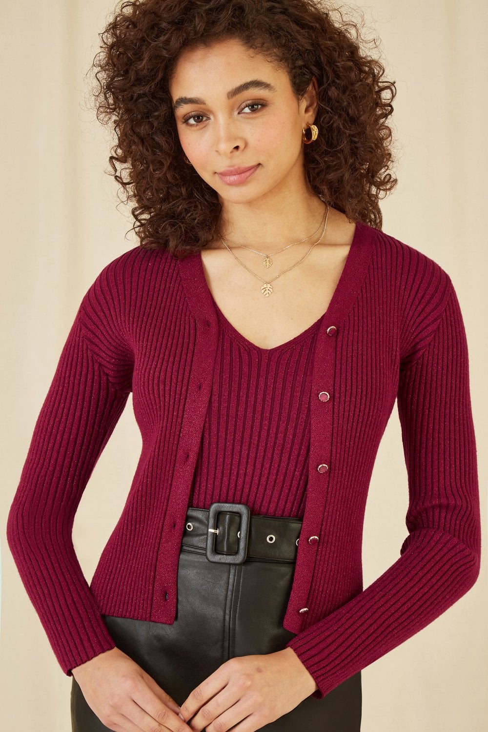 Burgundy Metallic Rib Knit Cardigan by Yumi