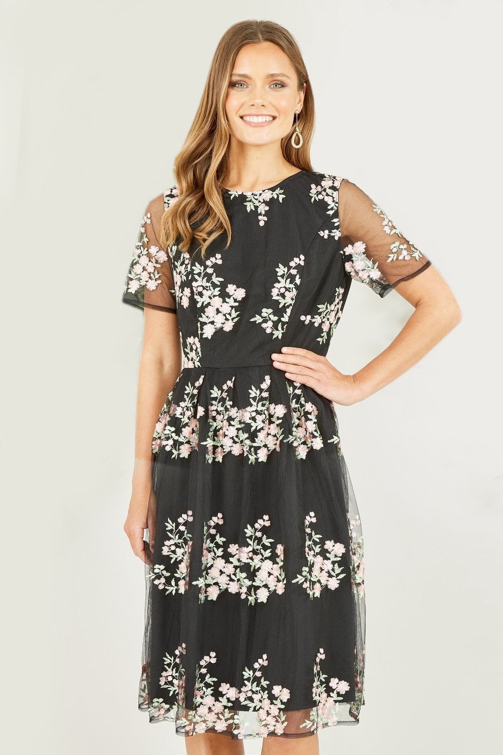 Black Embroidered Mesh Prom Dress by Yumi