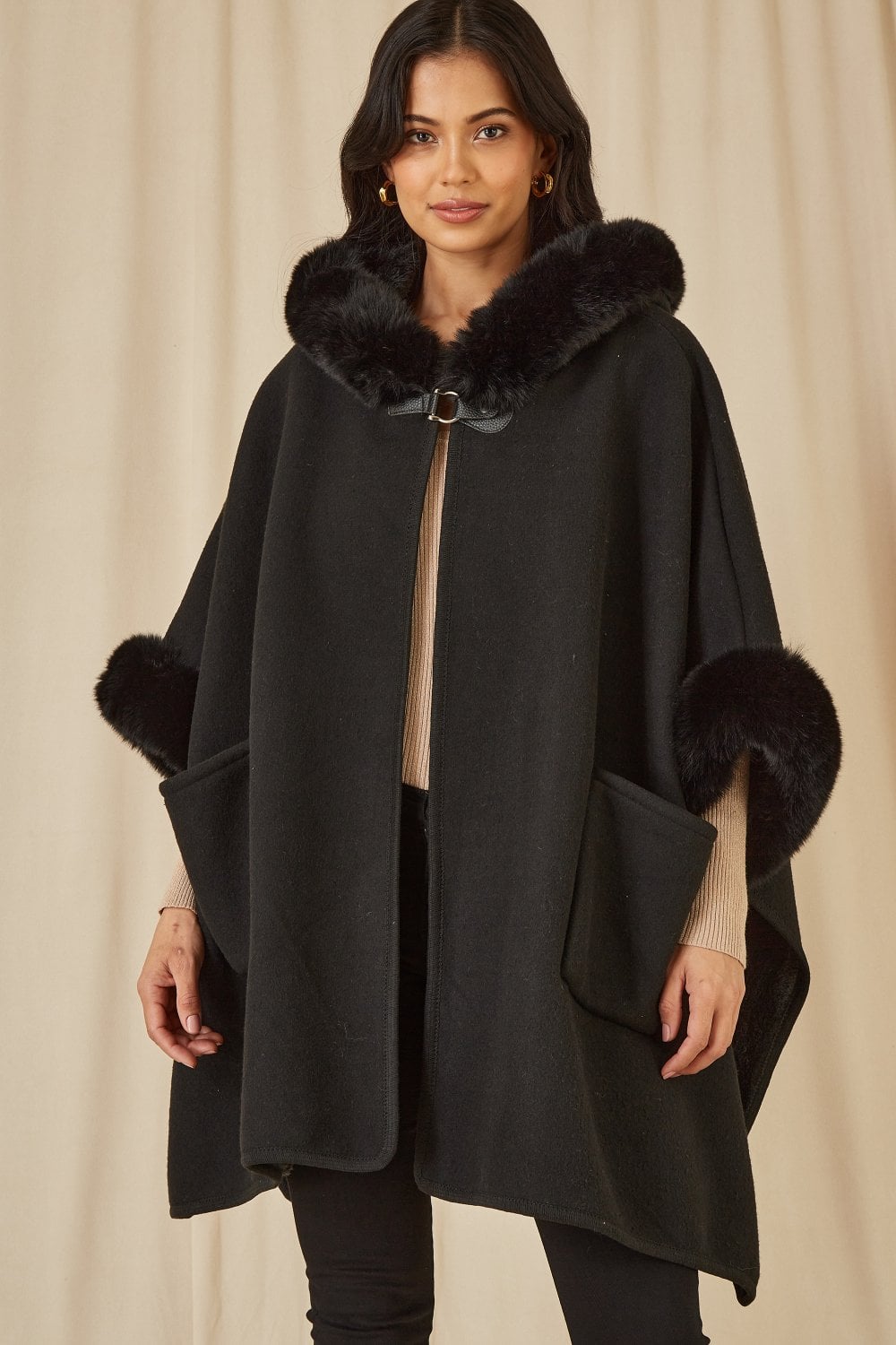 Luxury Black Fur-Trimmed Cape by Yumi