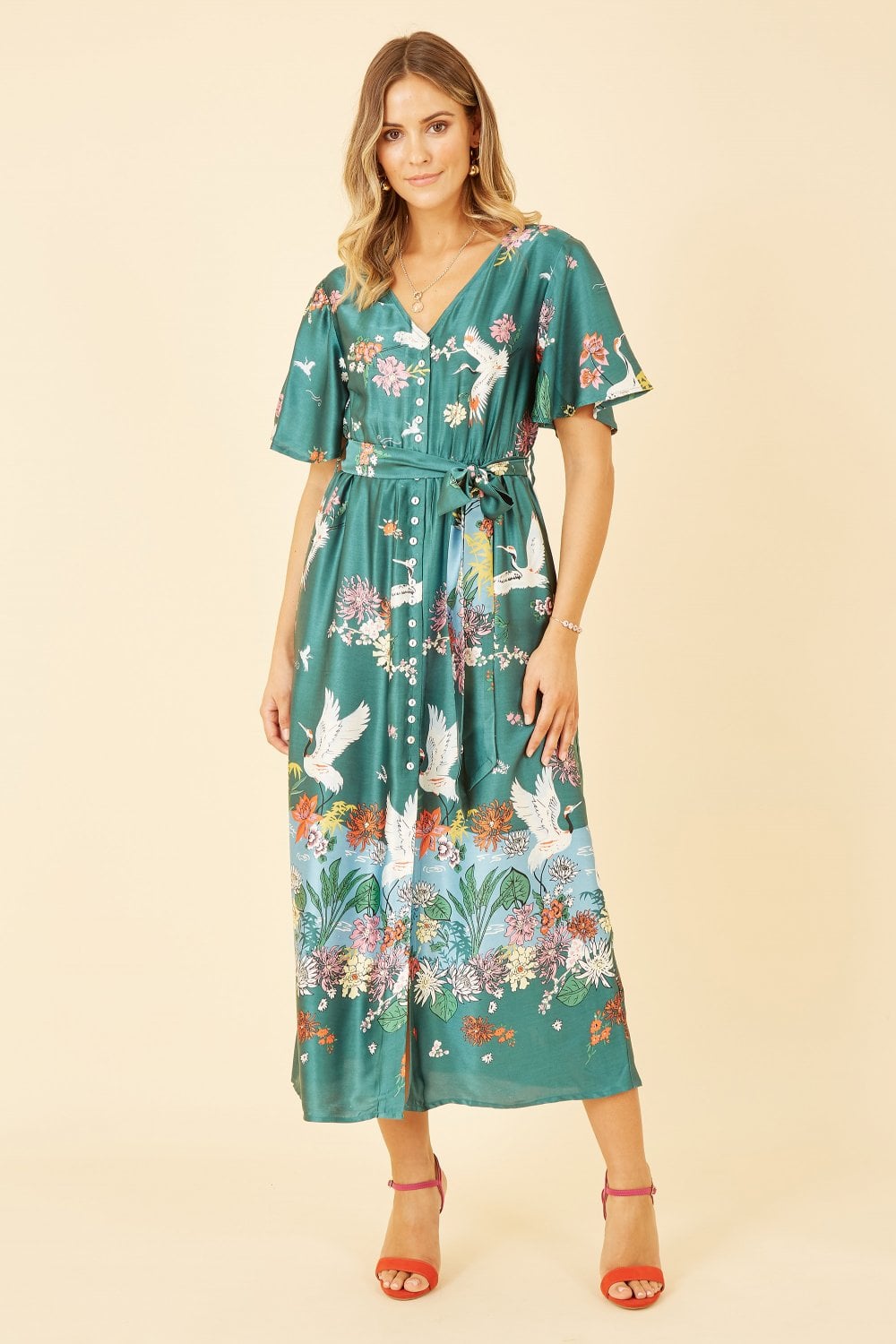 Yumi Green Satin Shirt Dress with Crane Print