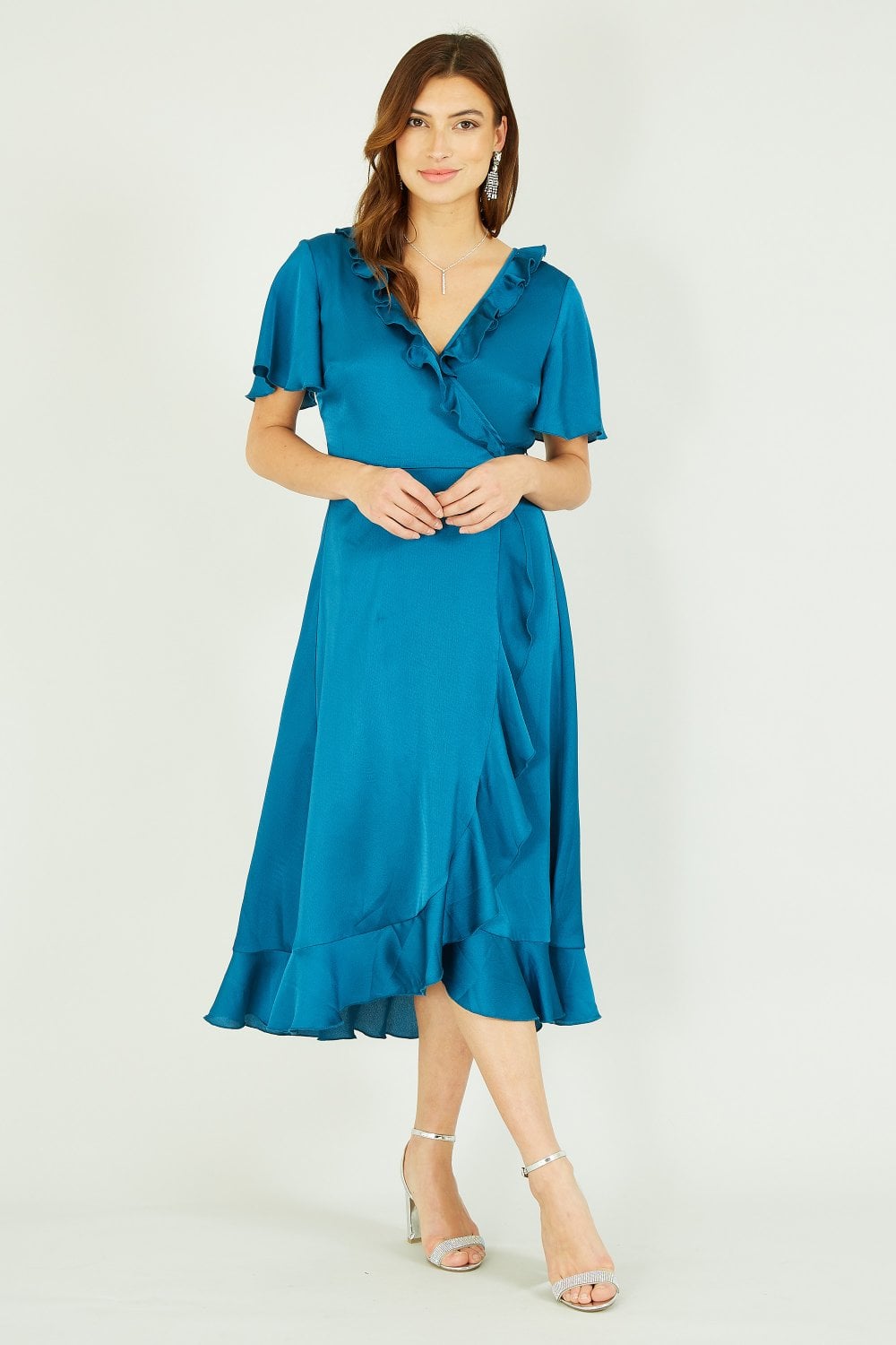 Yumi Teal Satin Midi Dress – Elegant Wrap Style