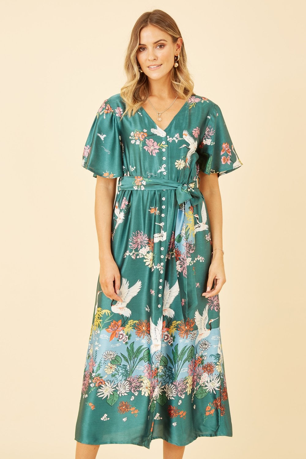 Teal Satin Kimono by Yumi – Elegant Crane Design