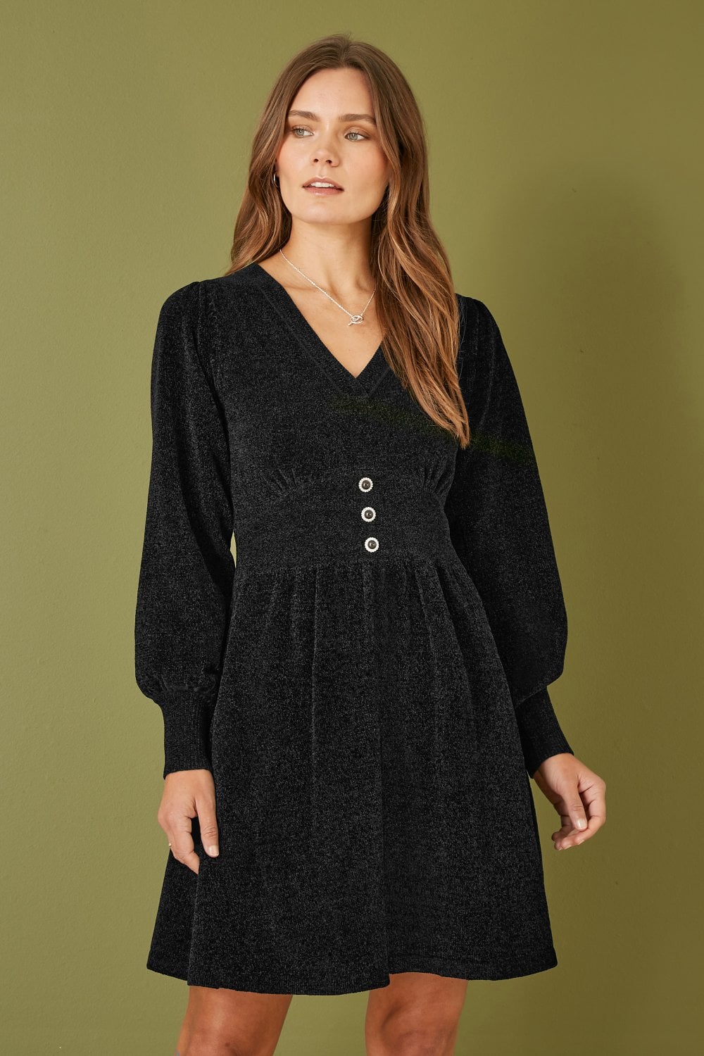 Yumi Black Knit Skater Dress – V Neck Empire Waist