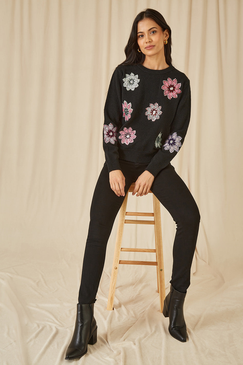 Black Sequin Flower Knit Sweater