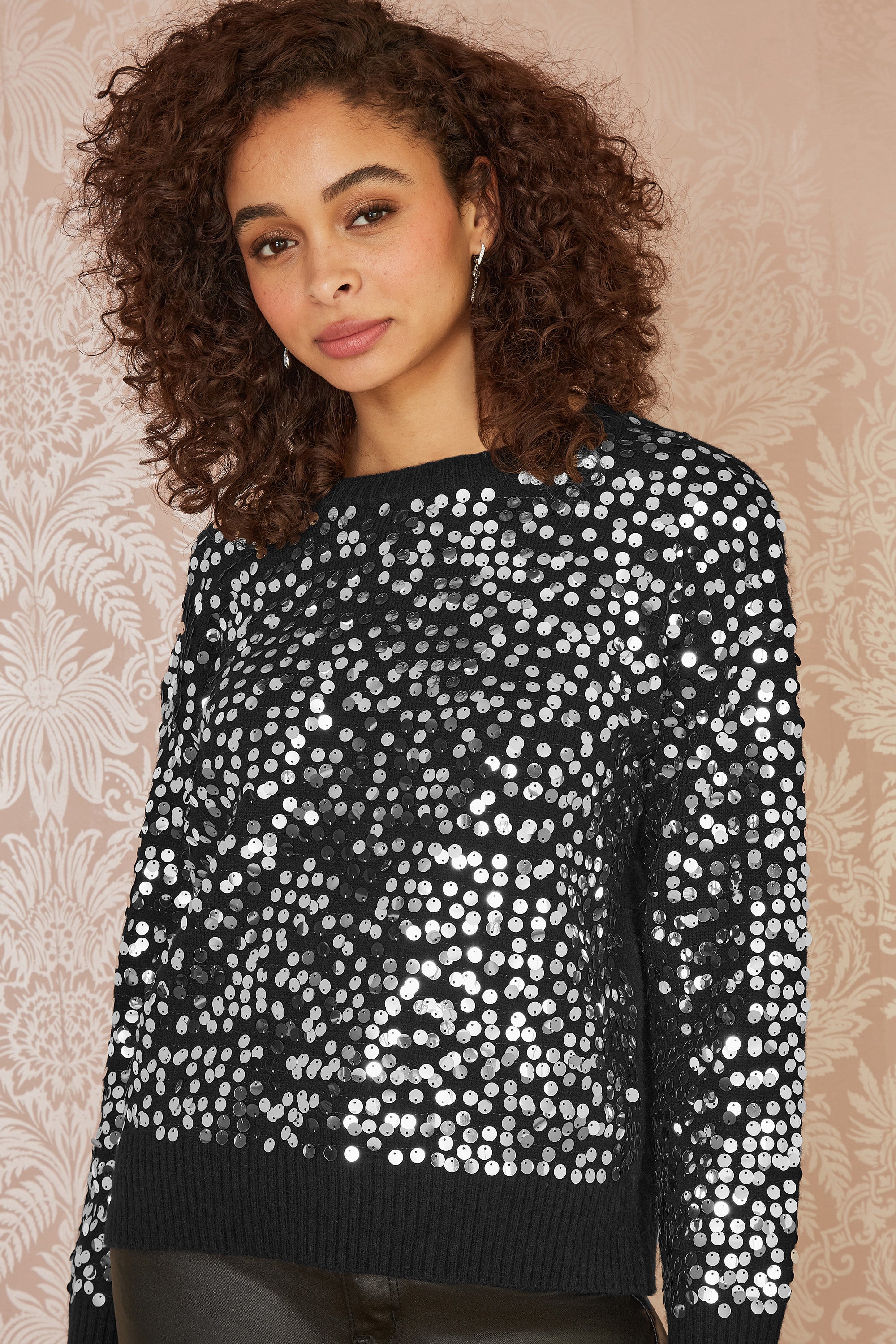Black Sequin Relaxed Fit Jumper for Women